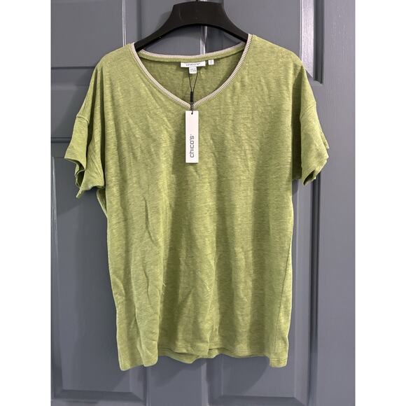 Chicos Linen Sweater Trim Stitch Tee Short Sleeve Moss/Silver V-Neck Size 0/S - Picture 9 of 9